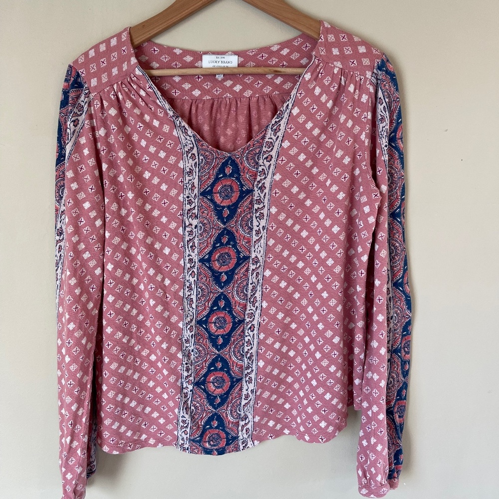 Lucky Brand dusty rose and blue peasant smock top, side medium